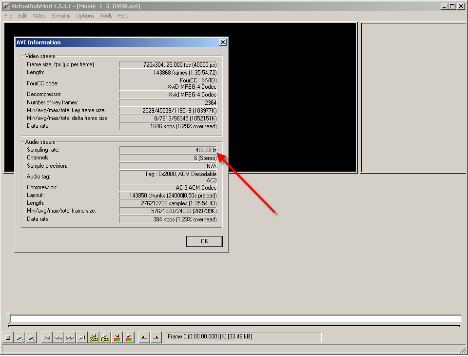Проверка частоты дискретизации (семплирования) для AC3 дорожки в AVI файле в программе VirtualDubMOD