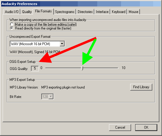 Edit audacity preferences file formats ogg export setup