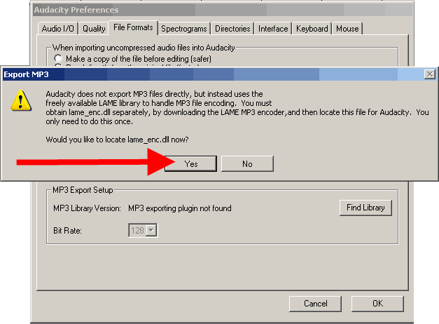 Edit audacity preferences file formats mp3 export setup lame enc dll browse
