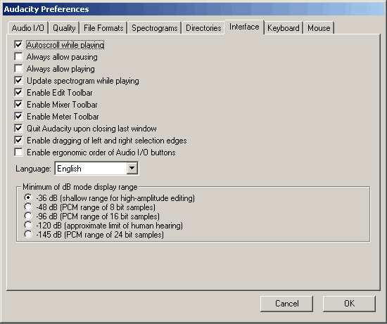 Редактирование параметров на закладке Интерфейс (Interface) в программе Audacity