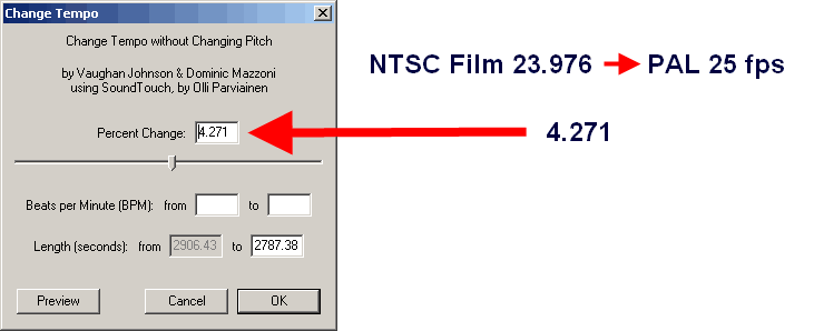 Преобразование длительности звуковой дорожки видео формата NTSC Film 23.976 FPS в формат PAL 25 FPS в программе Audacity