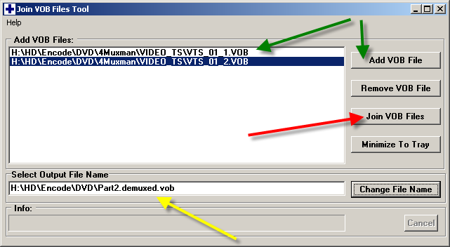 Добавление VOB файлов, выбор выходного имени файла в программе Join VOB Files Tool