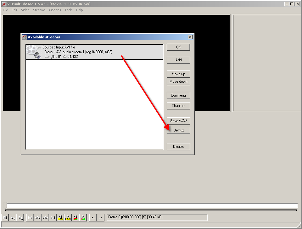 Выбор звукового AC3 потока в AVI файле для извлечения в программе VirtualDubMOD