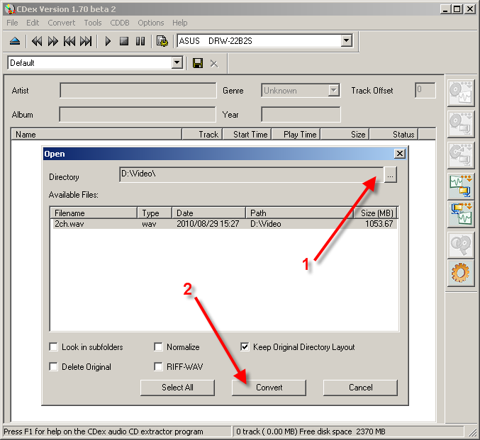Изменение папки с WAV файлами и запуск конвертации WAV файла в файл MP3 в программе CDex