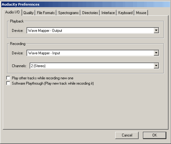 Редактирование параметров на закладке Устройства (Audio I/O tab) в программе Audacity