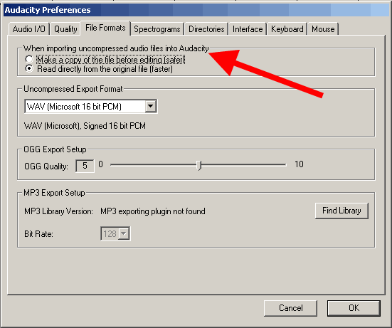 Редактирование параметров на закладке Импорт/экспорт (File Formats) в программе Audacity - работа с несжатыми файлами