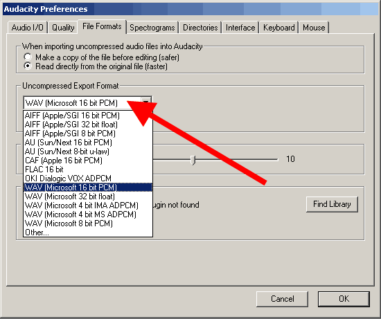 Редактирование параметров на закладке Импорт/экспорт (File Formats) в программе Audacity - Формат экспорта несжатых звуковых данных (Uncompressed export format)