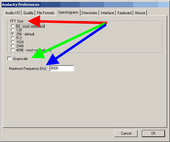 Редактирование параметров на закладке Спектрограммы (Spectrograms) в программе Audacity