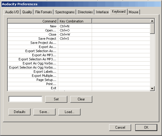 Редактирование параметров на закладке Клавиатура (Keyboard) в программе Audacity