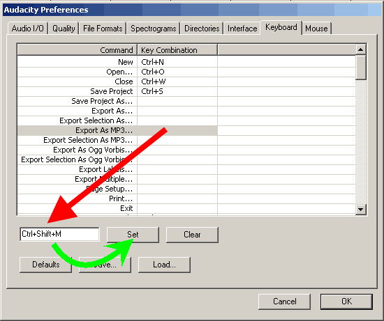 Редактирование параметров на закладке Клавиатура (Keyboard) в программе Audacity - Пример задания клавиатурной комбинации для экспорта в mp3