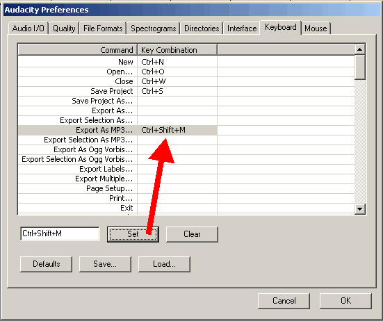 Редактирование параметров на закладке Клавиатура (Keyboard) в программе Audacity - Результат задания клавиатурной комбинации для экспорта в mp3