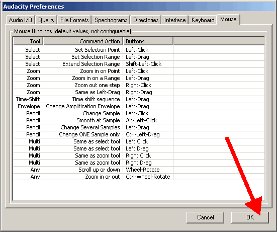 Редактирование параметров на закладке Мышь (Mouse) в программе Audacity