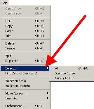Edit menu listing select submenu