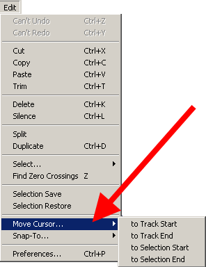 Edit menu listing move cursor submenu
