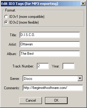 Окно редактирования ID3 тегов в стабильной версии программы Audacity