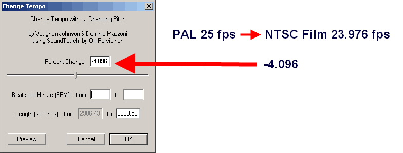 Преобразование длительности звуковой дорожки видео формата PAL 25 FPS в формат NTSC Film 23.976 FPS в программе Audacity